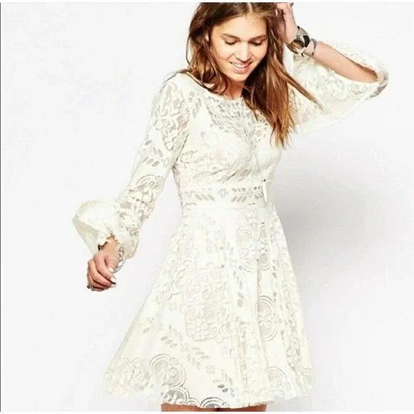 Free People | Dresses | Free People Lovers Folk Song Cream Lace Bell Sleeve  Lined Mini Dress Size | Poshmark